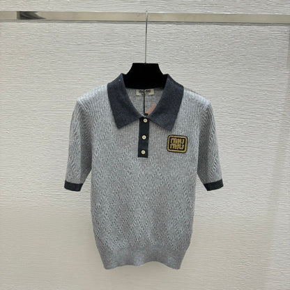Miumiu 2026 Short-sleeved Knit Polo Shirt Beige and Gray Wool