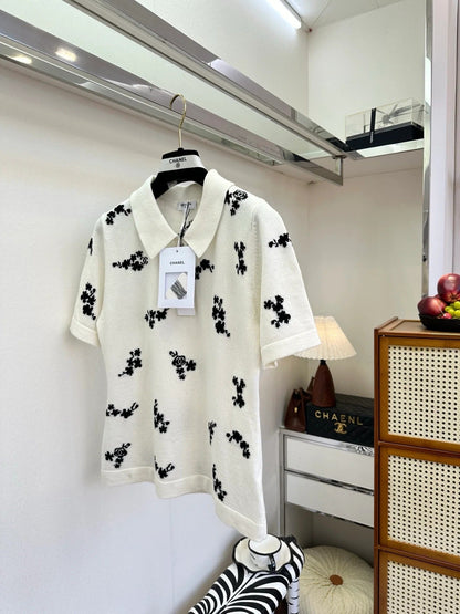 Chanel 2026 Floral Print Polo Shirt Black and White Cotton
