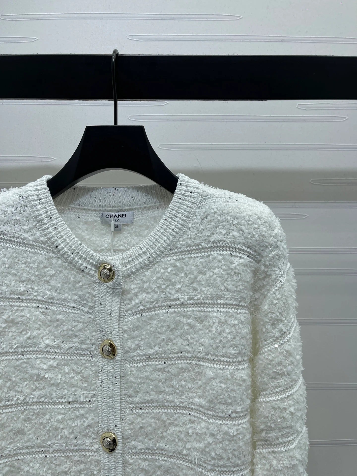 Chanel 2026 Striped Sequined Long-Sleeve Cardigan White Wool