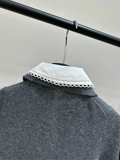 Miumiu 2026 Lace Peter Pan Collar Polo Knit Short-Sleeve T-Shirt Grey Cashmere