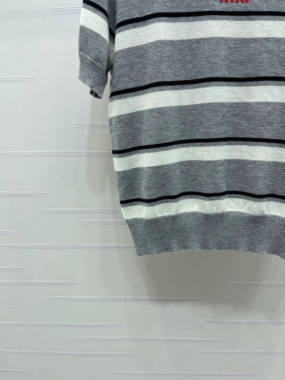 Miumiu 2026 Crew Neck Striped Short-sleeved Knit Top Gray Cotton 352436