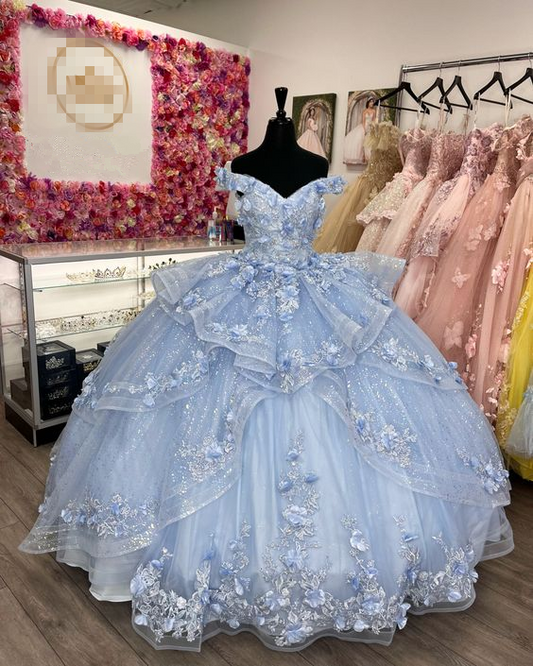 Light Blue Sparkly Off The Shoulder Appliques Prom Dress Quinceanera Dress Sweet 16 Prom Dresses Ball Gowns