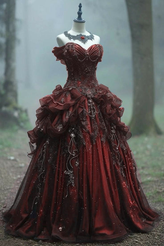 Retro Ball Gowns Sweetheart Long Prom Dress Off Shoulder Prom Dresses