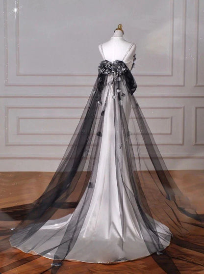formaldressy-White simple and fashionable satin long dress, black tulle dress, long mermaid floor-length dress with train gh5387