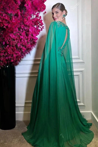 formaldressy-Green Long-Sleeved Evening Gown With A Shimmering Chiffon Deep V-Neck gh6263