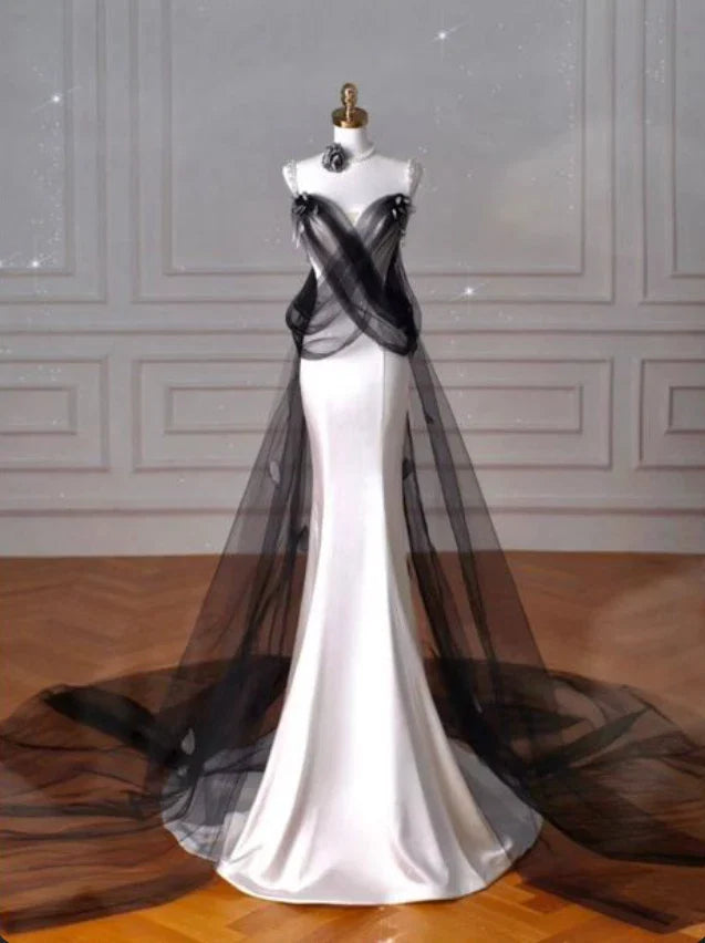 formaldressy-White simple and fashionable satin long dress, black tulle dress, long mermaid floor-length dress with train gh5387