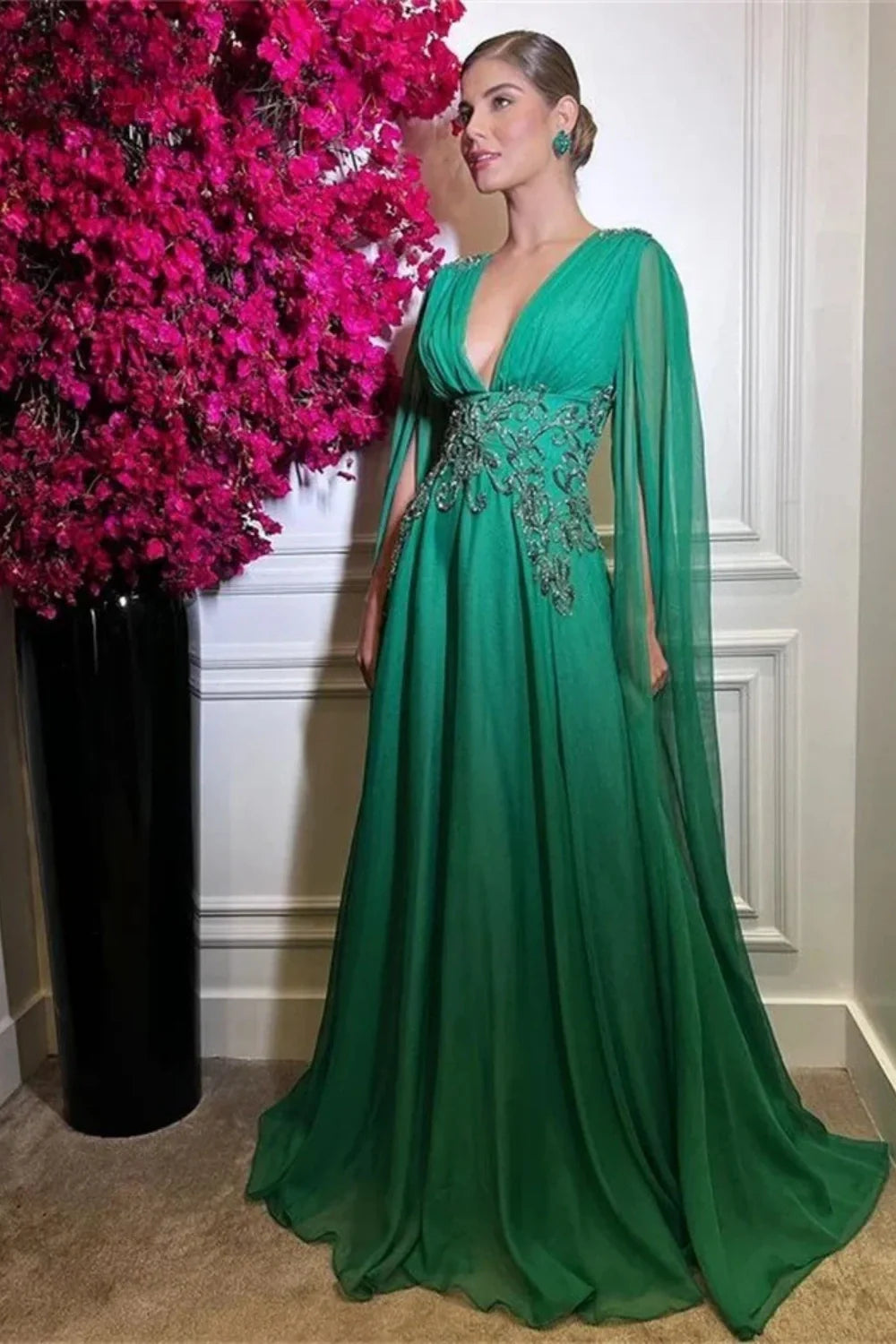 formaldressy-Green Long-Sleeved Evening Gown With A Shimmering Chiffon Deep V-Neck gh6263