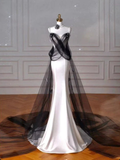 formaldressy-White simple and fashionable satin long dress, black tulle dress, long mermaid floor-length dress with train gh5387