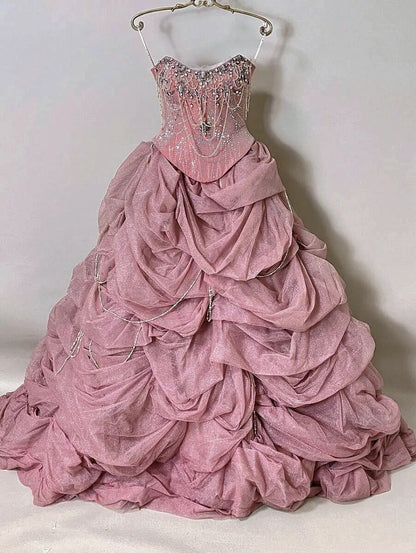 formaldressy-Pink Gorgeous Beaded Sparkling Elegant Long Tulle Ball Gown gh5320