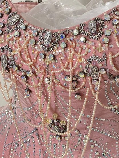 formaldressy-Pink Gorgeous Beaded Sparkling Elegant Long Tulle Ball Gown gh5320