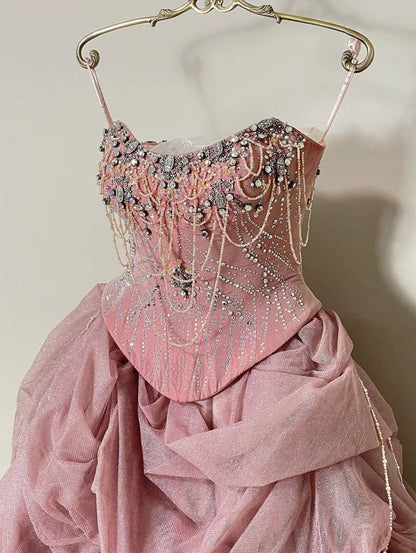 formaldressy-Pink Gorgeous Beaded Sparkling Elegant Long Tulle Ball Gown gh5320