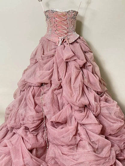 formaldressy-Pink Gorgeous Beaded Sparkling Elegant Long Tulle Ball Gown gh5320