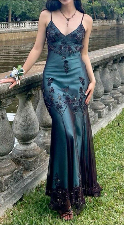 formaldressy-Turquoise Gorgeous Vintage Exquisite Beaded Spaghetti Strap Long Chiffon prom Gown Evening Gown Party Dress gh5403