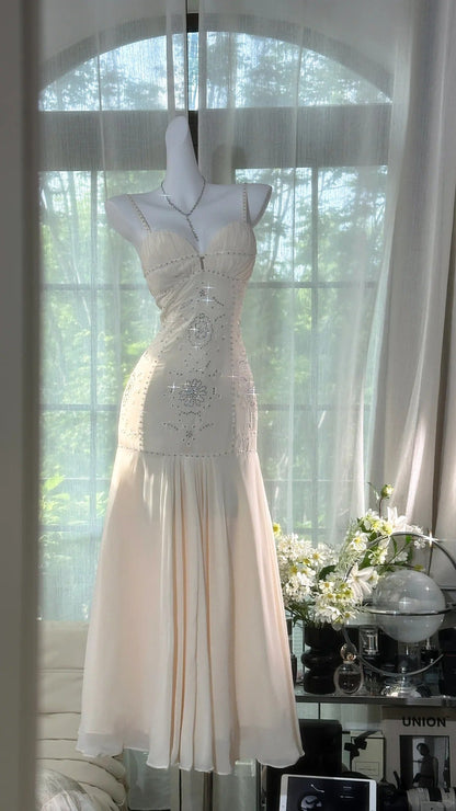formaldressy-White beaded elegant spaghetti strap long chiffon Prom Dress evening dress party dress date dress gh5082
