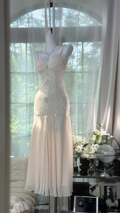 formaldressy-White beaded elegant spaghetti strap long chiffon Prom Dress evening dress party dress date dress gh5082