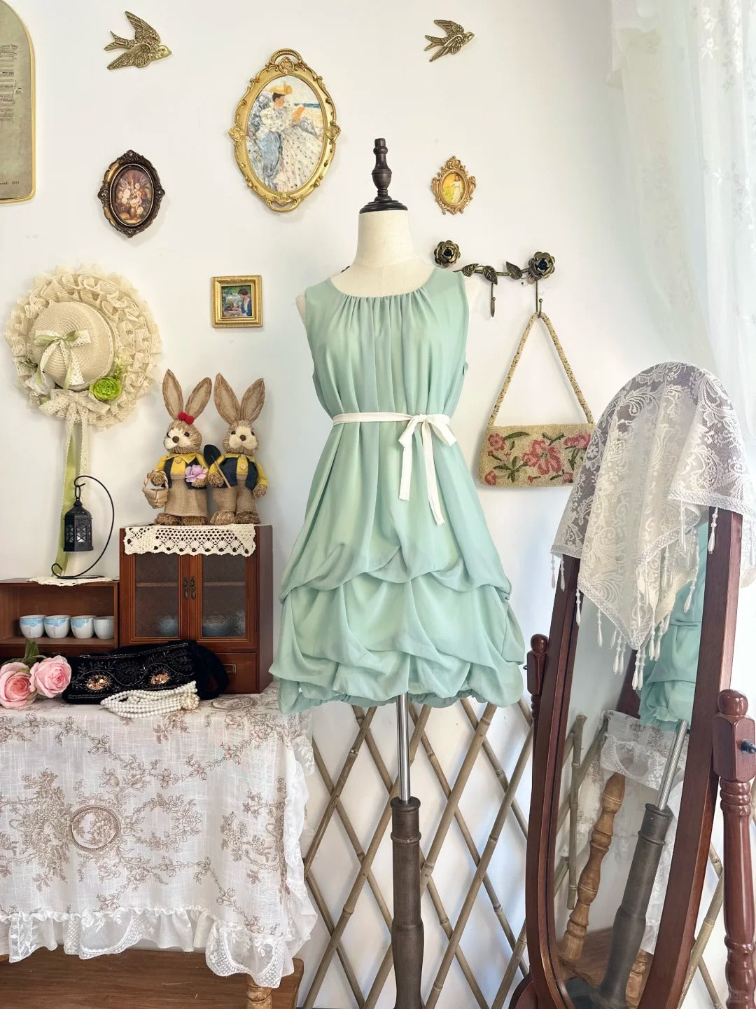 formaldressy-Mint green vintage short chiffon homecoming dress birthday dress gh5210