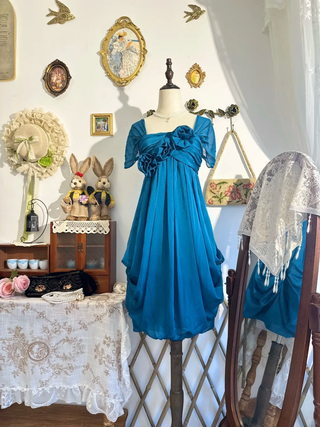 formaldressy-New peacock blue vintage bow-knot short chiffon homecoming dress, birthday party dress gh5195