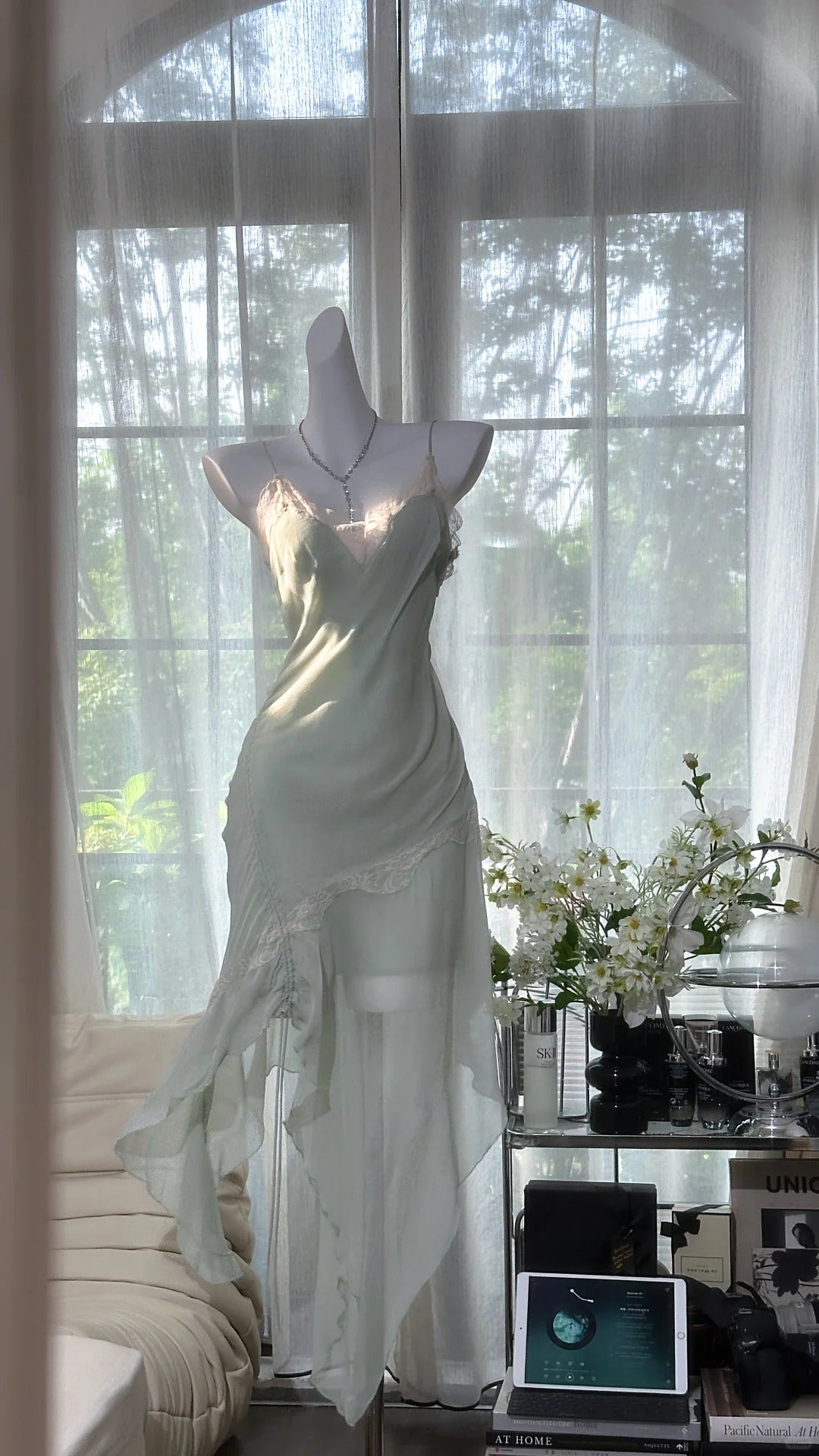 formaldressy-Mint Mambo Green Vintage Long Chiffon Lace Party Dress Date Dress gh5079