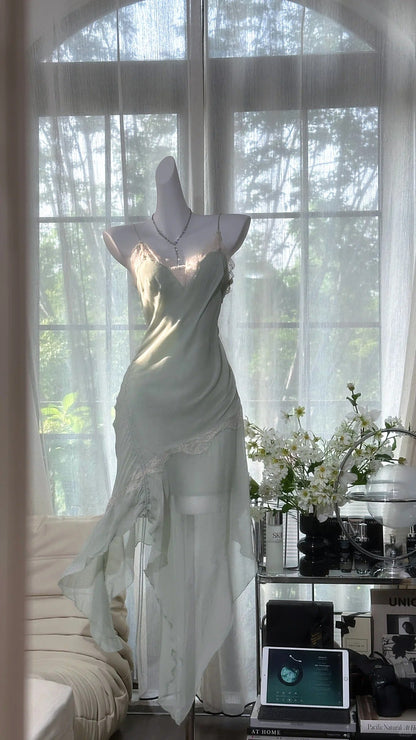 formaldressy-Mint Mambo Green Vintage Long Chiffon Lace Party Dress Date Dress gh5079