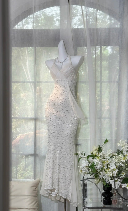 formaldressy-White Halter Neck Open - Back Sequined Mermaid Long Evening Dress gh5817