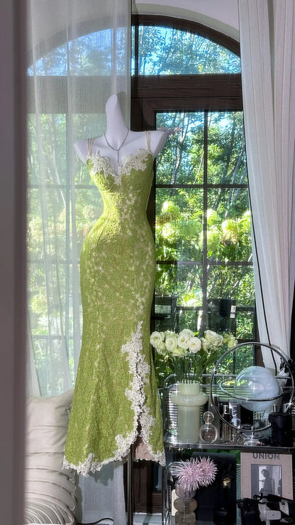 formaldressy--Beautiful and charming calssy green lace long spaghetti strap prom dress gh5590