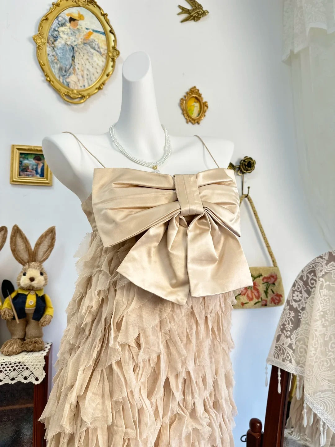 formaldressy-Champagne bow vintage short chiffon homecoming dress birthday dress gh5208