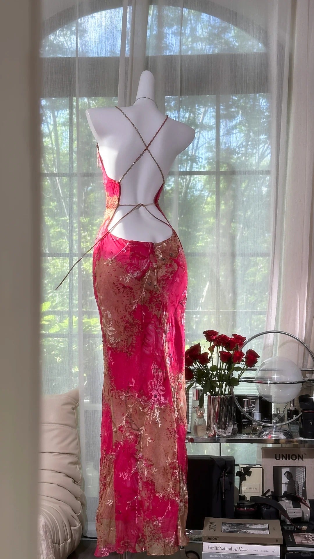 formaldressy-Pink floral vintage dress long chiffon Prom Dress evening dress graduation dress party dress gh5242