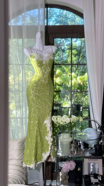 formaldressy--Beautiful and charming calssy green lace long spaghetti strap prom dress gh5590