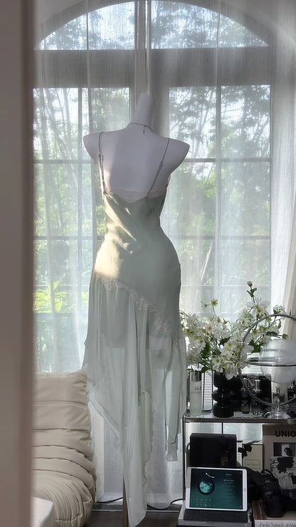 formaldressy-Mint Mambo Green Vintage Long Chiffon Lace Party Dress Date Dress gh5079