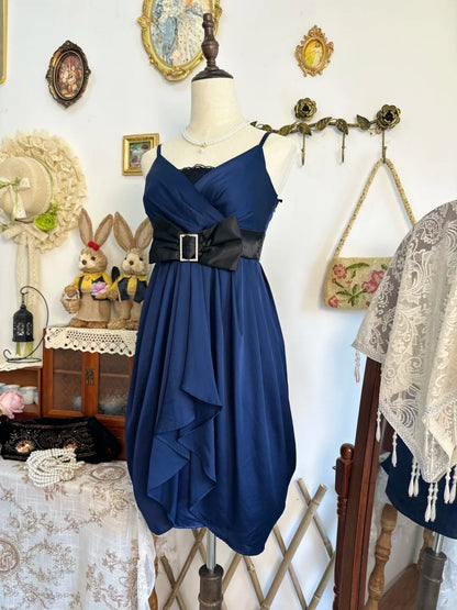 formaldressy-Navy blue bow vintage short satin homecoming dress birthday dress gh5221