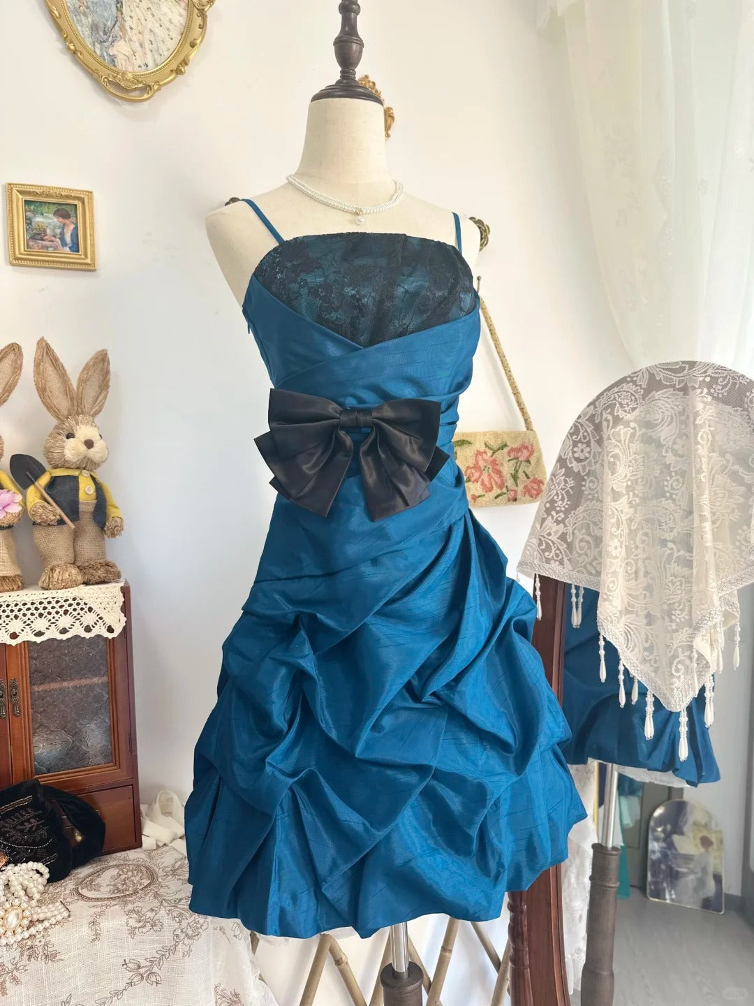 formaldressy-Lake blue bud dress vintage short satin homecoming dress birthday dress gh5216