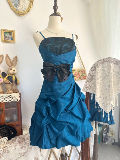 formaldressy-Lake blue bud dress vintage short satin homecoming dress birthday dress gh5216