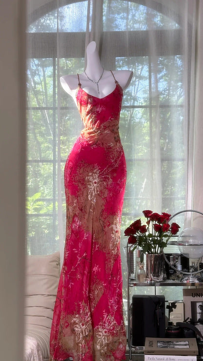 formaldressy-Pink floral vintage dress long chiffon Prom Dress evening dress graduation dress party dress gh5242