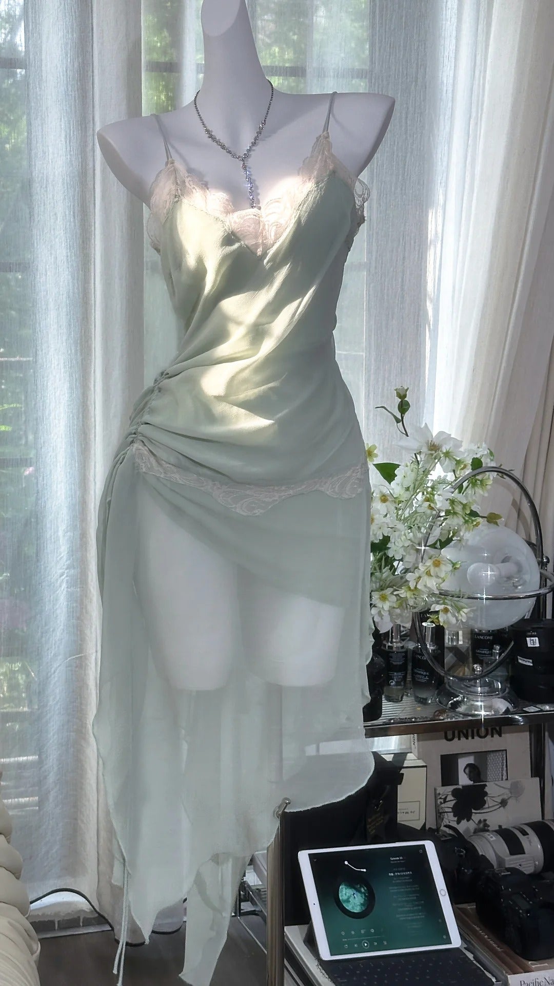 formaldressy-Mint Mambo Green Vintage Long Chiffon Lace Party Dress Date Dress gh5079