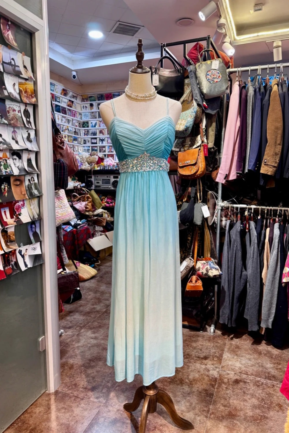 formaldressy-Ocean Dream Style Gradient Aqua Chiffon Rhinestone - Waist Spaghetti - Strap Floor - Length Evening Dress gh5885