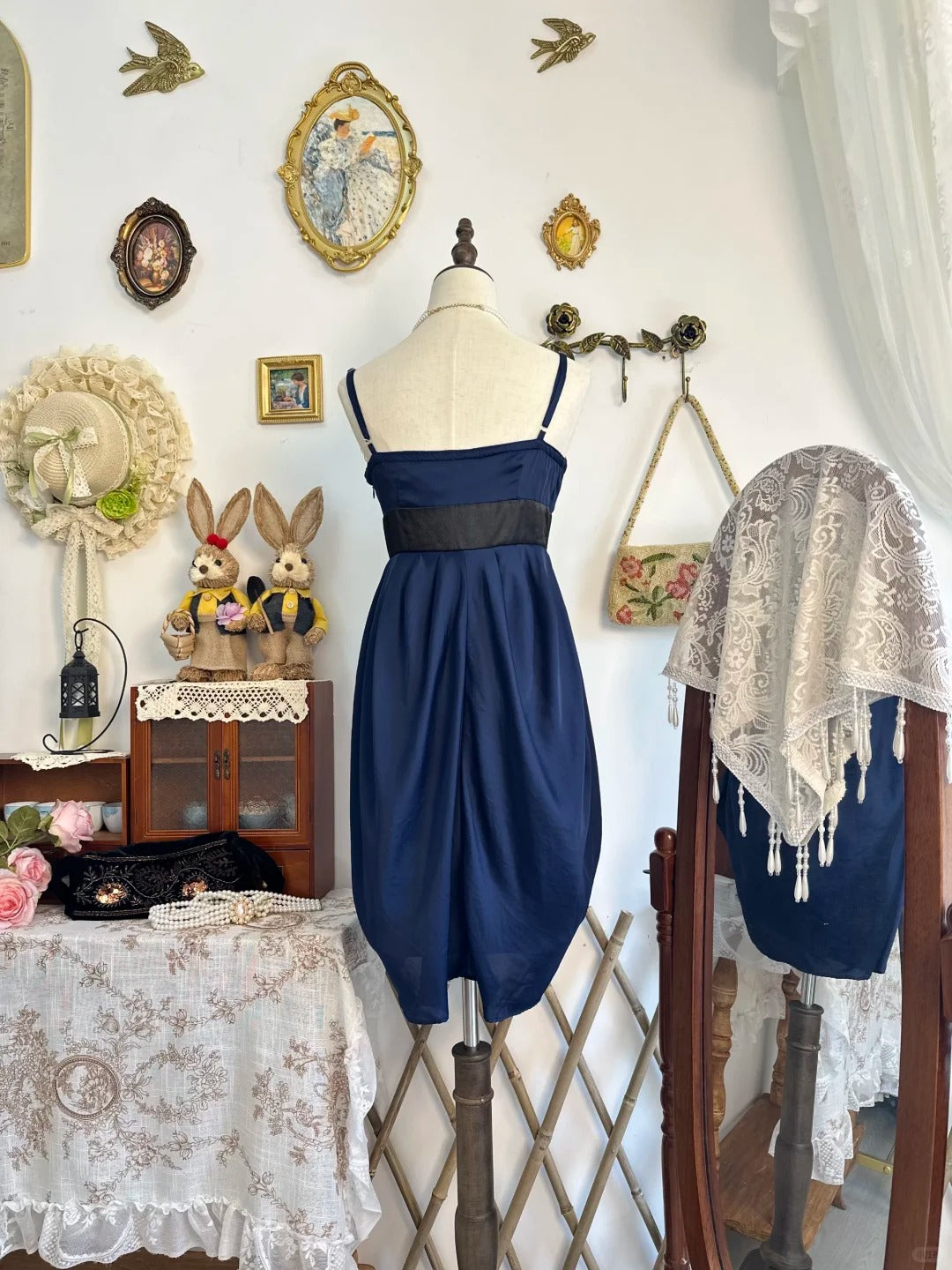 formaldressy-Navy blue bow vintage short satin homecoming dress birthday dress gh5221