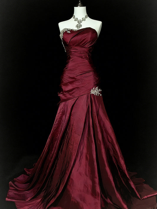 Wine Red Strapless Ruched Prom Dress,Elegant Wine Red Taffeta Floor-Length Formal Dress with Lace Applique