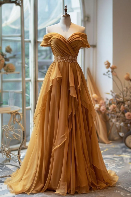 Yellow/Purple A-Line Off-Shoulder Chiffon Long Prom Dresses Prom Gowns
