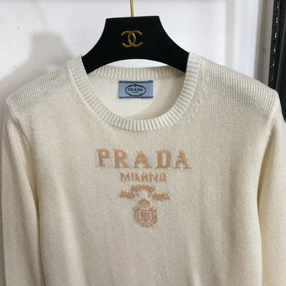 Prad Logo Crew-Neck  Sweater in Bright Silk Blend Wool